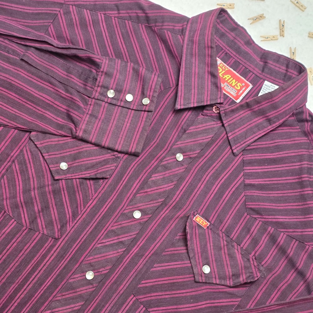 Vintage Ely Plains Western Pearl Snap Shirt 18 34/35 Purple Striped Cowboy Rodeo